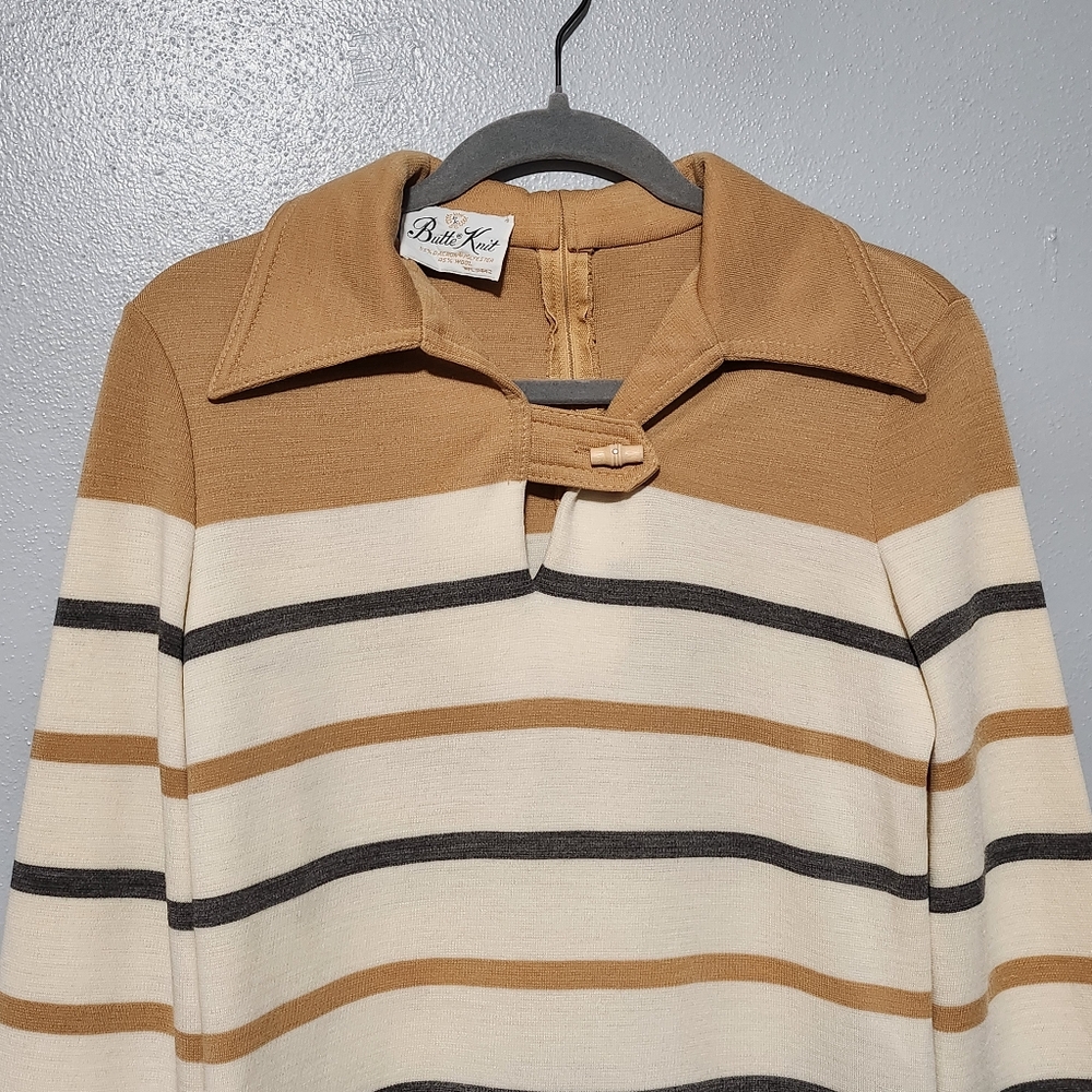 BUTTE KNIT Womens Small Striped Wool Blend Collared Sweater Neutral Vintage 70s - Picture 3 of 14